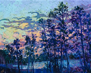 This painting of The Woodlands captures the beautiful, lake-filled landscape north of Houston.  The pine trees are tall and lanky, stretching into a sunset sky.  Each brush stroke in this painting is alive with color and the energy of the outdoors.

This painting was done on 1-1/2" canvas, with the painting continued around the edges. The piece has been framed in a gold floater frame and arrives ready to hang.