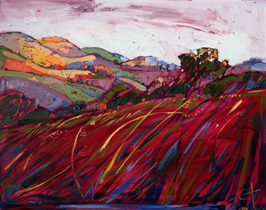 Individual grasses are lit by the early morning light on these magenta hillsides of Paso Robles, California. The distant hills seem to turn all the colors of the rainbow under the prism of the early sun.