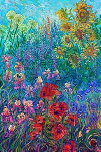 Schreiner's Iris Garden in Woodburn, in the heart of Oregon's Willamette Valley, has the most amazing array of iris blooms I've ever seen. Every combination and variation of floral color possible is represented in these gardens. This painting captures the beautiful colors of an Oregon summer on a grand scale of a 6-foot-tall canvas.
