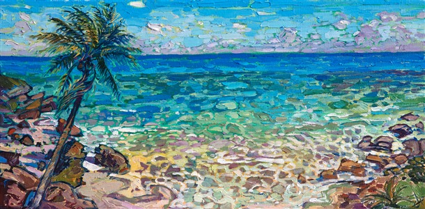 This was a painting commission of Isla Mujeres, Mexico. This painting captures the many layers of blue found in the crystal clear waters of the Mexican coastline.