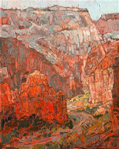 This painting was inspired by a rainy day hiking up Angels Landing at Zion National Park.  The clouds would part occasionally and leak sunlight down into the canyon, making the red rock cliffs, already deep and saturated from the rain, even more vibrant with color.

This painting was created on a gallery-depth canvas with the painting continued around the edges. The painting will arrive in a beautiful hardwood floater frame, ready to hang.

Exhibited: St George Art Museum, Utah, in a solo exhibition celebrating the National Park's centennial: <i><a href="https://www.erinhanson.com/Event/ErinHansonMuseumShow2016" target="_blank">Erin Hanson's Painted Parks</a></i>, 2016.