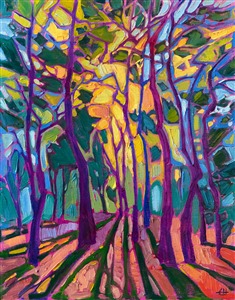 The warm sunlight of late afternoon illuminates a grove of pine trees. Their crisscrossing branches create abstract shapes of color, golden light playing against lime green pine needles. The brush strokes are thickly applied, capturing the transient light of the scene.

"Crystal Pines" was created on 1/8" linen board, and the painting arrives framed in a gold plein air frame.