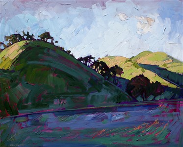 Circles of color hit these rounded hills of Paso Robles, California.  The idyllic scenery is captures in bold brush strokes with lots of movement and energy.