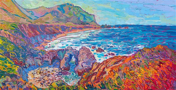 This painting of Garrapata Beach captures the beautiful coastal landscape of California. Garrapata Beach is located about halfway between Point Lobos (Carmel) and Big Sur. The hillsides are alive with bright green, baby grass, a beautiful contrast to the rich reds and oranges of the coastal ice plant. Erin Hanson paints in thick, expressive brush strokes that capture the movement and vivacity of the landscape.

"Garrapata Beach" is an original oil painting for sale, painted on gallery-depth stretched canvas. The piece arrives framed in a contemporary gold floater frame, ready to hang.