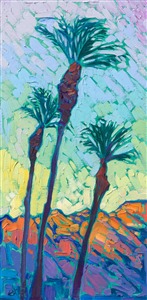 Date palms stretch high into the desert sky in this painting of La Quinta, California. Thick brush strokes and vibrant colors capture the color of summer.

