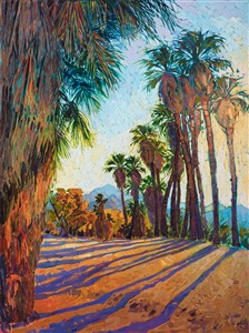Early morning sun rays slant through a group of palm trees growing in Indian Canyon Oasis.  Amid the arid desert, these little pockets of lush greenery and flowing water are a cool and welcome contrast. The brush strokes in this painting are thick and impressionistic, alive with color and motion.

"Rays of Light" was created on 1-1/2" canvas, with the painting continued around the edges. The painting has been framed in a custom-made, gold floating frame.