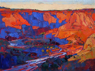 Spring greens emerge in the canyon wash of Canyon de Chelly, Arizona. This dramatic canyon, a little sister of the Grand Canyon, is a beautiful place to hike and horseback ride. The brush strokes in this painting are thick and impressionistic, creating a mosaic of color and texture.
