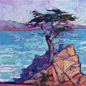 Lone Cypress is captured here in hues of blue and beige - a soft, early morning look at this traditional view. The cypress tree is delicately painted on this petite canvas, a contrast against the bold strokes of the distant waters.

This painting was done on 1/8" canvas, and it arrives framed and ready to hang.