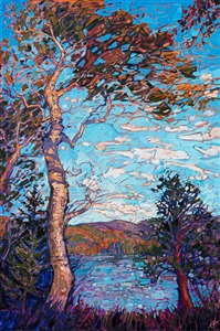 This painting was inspired by my travels to Maine last year, exploring Acadia National Park and the wide open landscapes northwest of the park. New England is full of small lakes and little nooks of beauty, like the one I discovered here.

The brush strokes in this painting are loose and impressionistic, alive with color and motion. This painting was done on 1-1/2" canvas, with the painting continued around the edges. The piece will be framed in a custom gold floater frame.