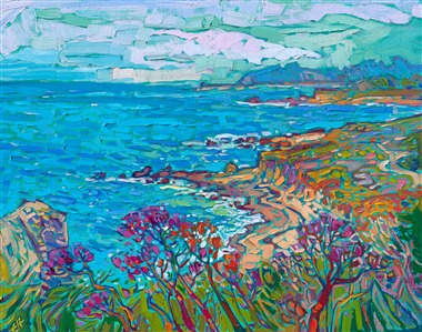 Rich hues of blue and turquoise swirl together in this painting of Carmel, California. The colorful coastline contrasts with the aquamarine waters, especially in springtime, when the shores are decorated with vibrant ice plants and other coastal flowers. 

"Carmel Spring" is an original oil painting created on fine linen board. The piece arrives framed in a black and gold plein air frame, ready to hang.
