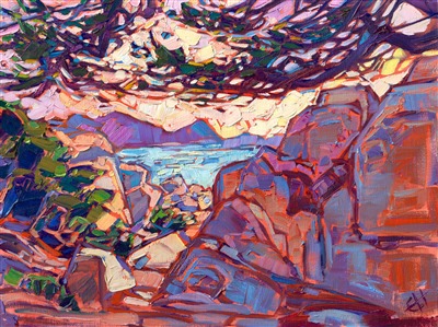 Exploring along 17-Mile Drive in Carmel, I saw this beautiful vista of soft pinks and cool ocean blues. I stood between two stacks of boulders, peering out towards the distant curve of the bay, a cool cypress tree above me, enjoying the changing colors of sunset.

"Carmel Vista" was created on linen board. The painting arrives framed in a plein air frame, ready to hang.