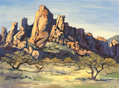 Long purple shadows and spikey desert trees capture the feel of these Utah buttes. This is an early Open Impressionism painting inspired by Erin Hanson's rock climbing explorations in Nevada and southern Utah.