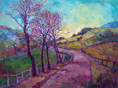 A foggy covering slowly lifts from this California landscape, the cool filtered light casting subtle shadows across the winding roads and cultivated hills.  The texture of the brush strokes gives an added dimension to the painting, its changing texture inviting the eye to move throughout the painting, exploring the juxtaposition of color and contrast.

This painting was created on a gallery-depth canvas with the painting continued around the edges. The painting will arrive in a dark hardwood floater frame, ready to hang.

Exhibited: <a href="http://westernmuseum.org/cowgirl-up/about//"><i>Cowgirl Up! Art from the Other Half of the West</i></a>, Desert Caballeros Western Museum, Wickenburg, AZ, 2016.
