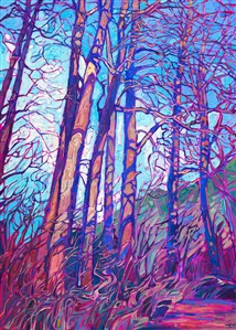 An interesting pattern of shadows drew me to this grove of trees, while I was out hiking in northern Montana. The late afternoon light created a beautiful warm glow on the trees' bark, which contrasted beautifully with the velvety purple shadows.

"Shaded Boughs" was created in Erin Hanson's signature style, known as Open Impressionism. The brush strokes are loose and expressive, thickly applied with vibrant color. The painting arrives framed in a contemporary gold floater frame, ready to hang.