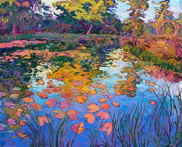 A pool of water reflects the autumn light of the surrounding foliage. The lilies glow with hues of pink and gold. Thick, impressionistic brush strokes capture the beauty of the outdoors.
