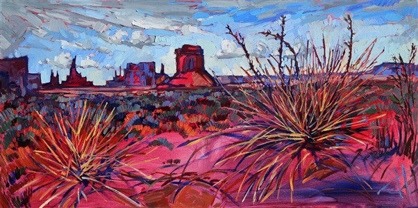 Brilliant reds of Monument Valley captured in loose brush strokes. This painting has an abstract feel, giving you a feel of being in the red rock desert without being too explicit.