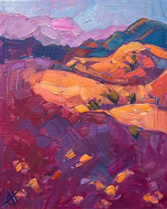 Pink sand dunes catch the first morning light on their freshly wind-blown surface.  The paint captures the life and movement of the landscape in a few vivid brush strokes.