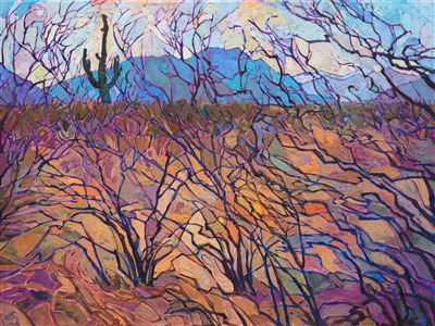 An abstracted painting of Arizona landscape, this piece captures the view as seen through the criss-crossing branches of desert scrub plants.  The dark branches create a stained glass appearance within in the painting. The brush strokes are loose and impressionistic, the strokes laid side by side like a colorful mosaic.

This painting was done on 1-1/2" canvas, with the painting continued around the edge of the canvas. This piece has been framed in a beautiful, hand-carved open impressionist frame.

This painting will be shown in the <a href="https://www.erinhanson.com/Event/redrock2018" target=_blank"><i>The Red Rock Show</i></a> at The Erin Hanson Gallery, June 16th, 2018.  <a href="https://www.erinhanson.com/Portfolio?col=The_Red_Rock_Show_2018" target="_blank"><u>Click here</u></a> to view the other Red Rock paintings.