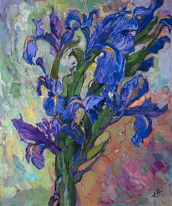 A bouquet of irises laying on the ground inspired me to paint the rich purple and ultramarine blooms resting against the reddish earth. The impasto brush strokes are expressive and highly textured, capturing the contours and rich hues of the flowers.

This painting was done on 1/8" canvas, and it arrives framed and ready to hang.