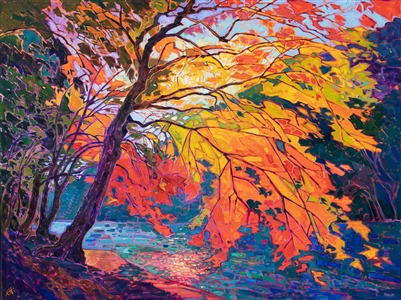 Crystalline light filters through the boughs of a fiery maple tree in Kyoto, Japan. The slowly moving waters of the Arashiayama river reflect the light from above. The brush strokes fit together like a mosaic of stained glass, breathing color and motion into the scene.

"Crystal Maple" was created on 1-1/2" canvas, with the painting continued around the edges. The piece arrives framed in a contemporary gold floater frame, ready to hang.