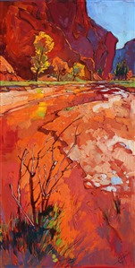 Hop Valley is beautiful in the fall, the cottonwoods turning copper and gold, reflecting dimly in the muddy red sand of Zion National Park. The brush strokes are loose and impressionistic, alive with texture and color.