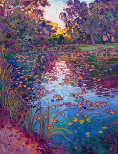 The still waters of a lilies pond reflect the colors of late afternoon light. This painting was inspired by the gardens in the Norton Simon Museum in Pasadena. The impressionist brush strokes capture the fleeting light of the scene.

"Lilies Reflection" was created on 1-1/2" canvas, with the painting continued around the edges. The painting arrives framed in a contemporary gold floating frame, ready to hang.