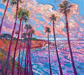 Coastal palm trees frame this vista of the Cove at La Jolla. Brightly colored sunset clouds are reflected in the ocean waters below. Thick, impasto brush strokes capture the scene with the vivid colors of the impressionists.

"Palms at La Jolla" was created on 1-1/2" canvas, and the piece arrives ready to hang in a contemporary gold floater frame.