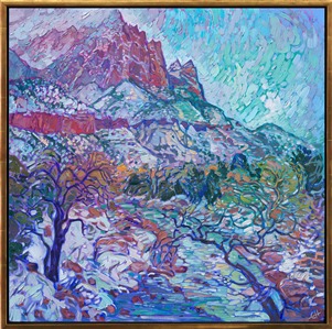 Zion National Park in the winter is a wonderland of pale snow against dark red rock. This oil painting captures the beautiful color contrasts and textures of Zion with thick, impressionistic brush strokes.

<b>Note:
"Winter Zion" is available for pre-purchase and will be included in the <i><a href="https://www.erinhanson.com/Event/SearsArtMuseum" target="_blank">Erin Hanson: Landscapes of the West</a> </i>solo museum exhibition at the Sears Art Museum in St. George, Utah. This museum exhibition, located at the gateway to Zion National Park, will showcase Erin Hanson's largest collection of Western landscape paintings, including paintings of Zion, Bryce, Arches, Cedar Breaks, Arizona, and other Western inspirations. The show will be displayed from June 7 to August 23, 2024.

You may purchase this painting online, but the artwork will not ship after the exhibition closes on August 23, 2024.</b>
<p>