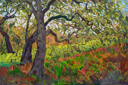 Pale green light filters through these California oak trees.  The abstract shapes formed by the gnarled branches are captured with thick brush strokes that accent the mosaic quality of the light.

This painting was created on museum-depth canvas, with the painting continued around the edges of the stretched canvas. It arrives ready to hang without a frame. (Please contact the artist if you would like information on framing options.)


