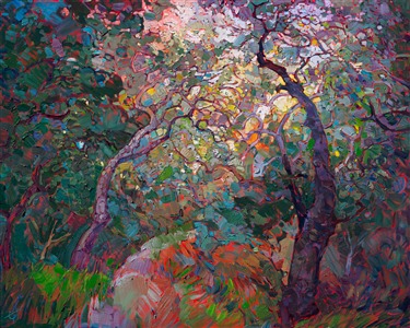 Tapestries of color form a mosaic pattern of light and shadow through these California oak trees.  The brush strokes are thick and impressionistic, in the modern style of Open Impressionism.
 
This painting was created on museum-depth canvas, with the painting continued around the edges of the stretched canvas. The painting arrives ready to hang, with framing optional.