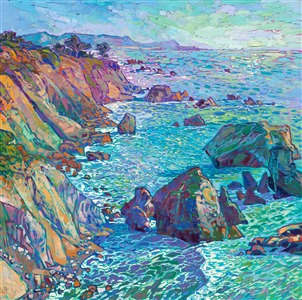Swirling colors of ocean foam mingle together in this impressionist oil painting of Mendocino, California. This out-of-the-way destination in northern California is the epitome of coastal beauty. From the richly color cliffs to the aquamarine waters, from the movement of the waters below to the feeling of wind in the air, this painting captures the essence of Mendocino.

"Mendocino Waters" was created on 1-1/2" canvas, with the painting continued around the edges of the canvas. The piece arrives framed in a hand-carved, gilded floater frame.