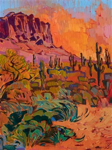 The Superstition Mountains, near Phoenix, Arizona, create a dramatic horizon line behind the desert saguaro. The fiery colors of the desert light up the canvas, and the loose, expressive brush strokes capture the movement of the outdoors.

"Superstition Mountains" was created on fine linen canvas, and the painting arrives framed in a hand-carved, gold plein air frame.