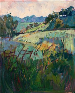 This summer greens painting of Paso Robles was painted in a slightly different technique than usually used, creating an unusual texture and underpainting. The overall effect is a rich color palette of seemingly infinite color variation.