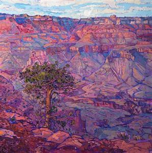Hiking out of the Grand Canyon last October, I was able to watch dusk fall over the canyon from a perch about 2/3rd up from the canyon floor.  There is about a one-mile vertical elevation change in the Grand Canyon - quite a hike with a pack on your back!  This painting captures the restful scenery and sense of wide-open space you experience here.

This painting was done on 1-1/2" canvas, with the painting continued around the edges.  It has been framed in a gilded and hand-carved floater frame.

This painting will be shown in the <a href="https://www.erinhanson.com/Event/redrock2018" target=_blank"><i>The Red Rock Show</i></a> at The Erin Hanson Gallery, June 16th, 2018.  <a href="https://www.erinhanson.com/Portfolio?col=The_Red_Rock_Show_2018" target="_blank"><u>Click here</u></a> to view the other Red Rock paintings.
