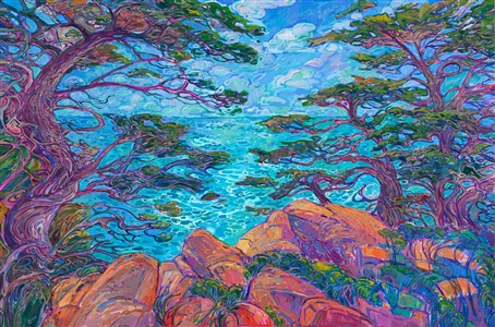 Monterey cypress trees frame a vista of the Pacific Ocean, their twisting, gnarled branches crisscrossing into abstract shapes. This oil painting of California cypress trees is alive with texture and color, capturing the vibrant motion of the outdoors with impasto, impressionistic brush strokes. Erin Hanson was inspired by hiking in Carmel's Point Lobos State Park.

This piece will be on display at Erin Hanson's solo museum show <i><a href="https://www.erinhanson.com/Event/AlchemistofColor" target="_blank">Erin Hanson: Alchemist of Color</i></a> at the Channel Islands Maritime Museum in Oxnard, California. You may purchase this painting now, but the piece will not be delivered until after the show ends on December 28th, 2023.

"California Cypress" is an original oil painting created on 2"-deep stretched canvas. The sides of the canvas are painted "wrap-around" style, so you can hang this work without framing. The piece arrives with cleat wall mounts, ready to hang.
