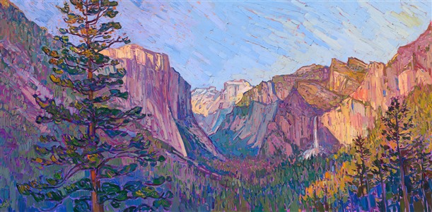 Yosemite's granite cliffs are captured in late afternoon, while the sun's rays make the painting glow with hues of lemon and gold. Hanson sees the world through the filter of impressionism, and here she has captured a classic scene with her own style of brush strokes and color choices. This grand painting truly captures the majesty of Yosemite National Park.

"Yosemite Vista" is an original oil painting on stretched canvas. The piece arrives framed in a custom-made floater frame finished in burnished, 23-kt gold leaf and dark, pebbled sides.