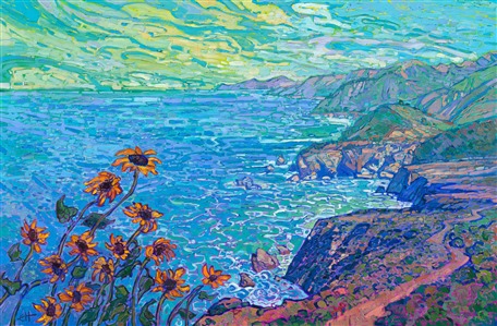 California's Highway 1 is a must-drive for anyone who loves colorful landscapes. The turquoise and blue waters are accented with white foam, and the steep cliffs create layers of contrasting color stretching into the distance. This painting captures the grand view with thick, impressionistic brush strokes.

"Coastal Sunflowers" is an original oil painting on stretched canvas. The piece arrives in a contemporary gold floater frame finished in 23kt burnished gold leaf.