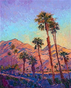 Desert palm trees catch the early morning light, turning warm shades of cadmium and sherbet, while the sky above slowly turns color from purple to blue. Each brush stroke is alive with texture and color, while capturing the serenity and peace of the desert landscape.

This painting was done on 1-1/2" canvas, with the painting continued around the edges of the canvas.  The piece has been framed in a simple, 23kt gold floating frame.