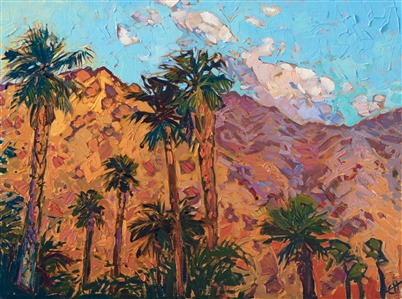 Walking along the base of the Santa Rosa mountains in the La Quinta Cove at dawn, you can often see a glorious rainbow of color as the mountains change color from deep purple to orange to bright golden-orange. This painting captures all the vivid colors of the California desert.

This painting was created on linen board, and it arrives ready to hang in a custom-made frame.