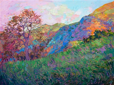 These hills of Paso Robles are alive with color, sparkling with surprising turquoise and orange like an opal jewel.  The buttery texture of the oils is apparent in this painting, the impasto brush strokes adding additional dimension to the landscape.  This piece captures the beauty of early dawn light over the spring-green hills of central California.