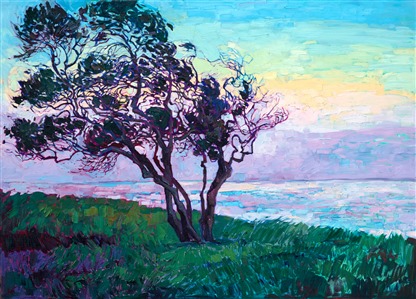 This painting was inspired by a quiet morning watching the dawn break at La Jolla Point.  The park was green and lush, with this beautiful wind-sculpted tree stark against the changing color of the sky.  I used thick, impasto oil paint, applied only with a brush, to capture this tranquil moment. 

This paintings was created on 1-1/2" canvas, with the painting continued around the sides of the canvas for a finished look.  The painting has been framed in a carved gold floater frame.

This painting will be included in the exhibition <i><a href="https://www.erinhanson.com/Event/erinhansoncoastalcalifornia" target="_blank">Erin Hanson: Coastal California</i></a>, at The Erin Hanson Gallery in San Diego. The artist's reception will take place on June 24th.  If you purchase this painting online, it will be shipped to you the week of June 26th.