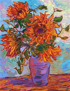 Rich hues of orange and gold spill from a purple vase, in this modern, impressionist oil painting. The impasto brush strokes create a rhythm of texture upon the canvas, an almost edible texture of colorful paint.

"Vase of Sunflowers" is an original oil painting created on fine linen board. The piece arrives framed in a gold plein air frame, to set off the colors of the piece.

This painting will be displayed in <a href="https://www.erinhanson.com/Event/SunflowerShow"><i>The Sunflower Collection</i></a> exhibition, on June 25th, at The Erin Hanson Gallery in McMinnville, OR. 

<b>About the show:</b> Discover the colorful world of contemporary impressionism through the works of Erin Hanson. Based in Oregon wine country, this modern-day master is preparing to release a collection of works inspired by sunflowers. A nod to the iconic visions of blooms by van Gogh, The Sunflower Show will be a celebration of summer color and texture.