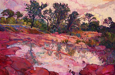 The hill country north of Fredericksburg, Texas, is abloom with bluebonnets in spring, while the low watering pools capture oaken reflections in their surfaces. The warm hues of early morning bathe the landscape in delicate pinks and orange sherbet. This restful painting is yet alive with motion through the thickly applied brushstrokes, which seem to form a mosaic of color and texture across the canvas.