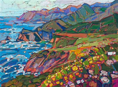 The California coastline between Carmel and Big Sur is most beautiful in the spring, when the coastal range is covered in green grass that fades to blue and purple in the distance. Yellow and white wildflowers bloom in abundance along the highway.

"Blooms and Coast" is a petite oil painting created on linen board. The piece arrives framed in a plein air frame, ready to hang.