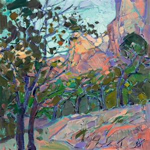 Bright cottonwood greens stand boldly against the rich contrast of Zion's red rock cliffs.  This painting was inspired by the high plateaus near Kolob Canyon (Zion's northern park entrance.)  This painting has been framed in a hand-carved, gold frame.

This painting was displayed at the Zion Art Museum (located in Zion National Park) during the summer of 2017, for the exhibition <i><a href="https://www.erinhanson.com/Event/ErinHansonZionMuseum" target="_blank">Impressions of Zion</a></i>. 