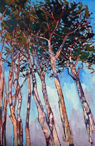 Long cypress trees stretch high into the blue summer sky of Monterey, gentle lavender shadows creating a network of patterns across the milky bark. The brush strokes are loose and impressionistic, each stroke a distinct color and texture.