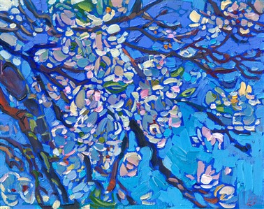Cherry blossoms are captured in thick brush strokes and impressionistic color. "Cherry Blues" is an original oil painting on linen board, done in Erin Hanson's signature Open Impressionism style. The piece arrives framed in a wide, mock floater frame finished in black with gold edging.

This piece will be displayed in Erin Hanson's annual <i><a href="https://www.erinhanson.com/Event/petiteshow2023">Petite Show</i></a> in McMinnville, Oregon. This painting is available for purchase now, and the piece will ship after the show on November 11, 2023.