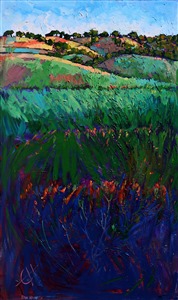 Multi-colored light plays across these hillsides near near Paso Robles. This dramatic painting stands five feet tall, with lots of underlying texture to add to the feel of the landscape.