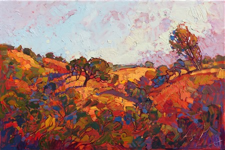 Burgundy and pino wine colors meld deliciously in this oil painting of Paso Robles, California wine country.  The warm California colors seem to burst with life and motion, the thick strokes of paint lifting confidently off the canvas.  The lavender sky seems to invite you to drowse under a shady oak and watch the fluffy clouds float tranquilly by.