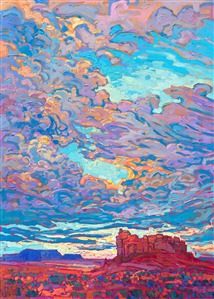A summer sky bursts with color over the Four Corners region near Monument Valley. The impasto brush strokes capture the movement and joy of this colorful landscape. 

"Desert Clouds" was created on gallery-depth canvas, and the painting arrives framed in a contemporary gold floater frame, ready to hang.